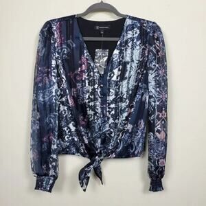 INC International Concepts Tie Front Puff Sleeve Blouse Women S Metallic Paisley